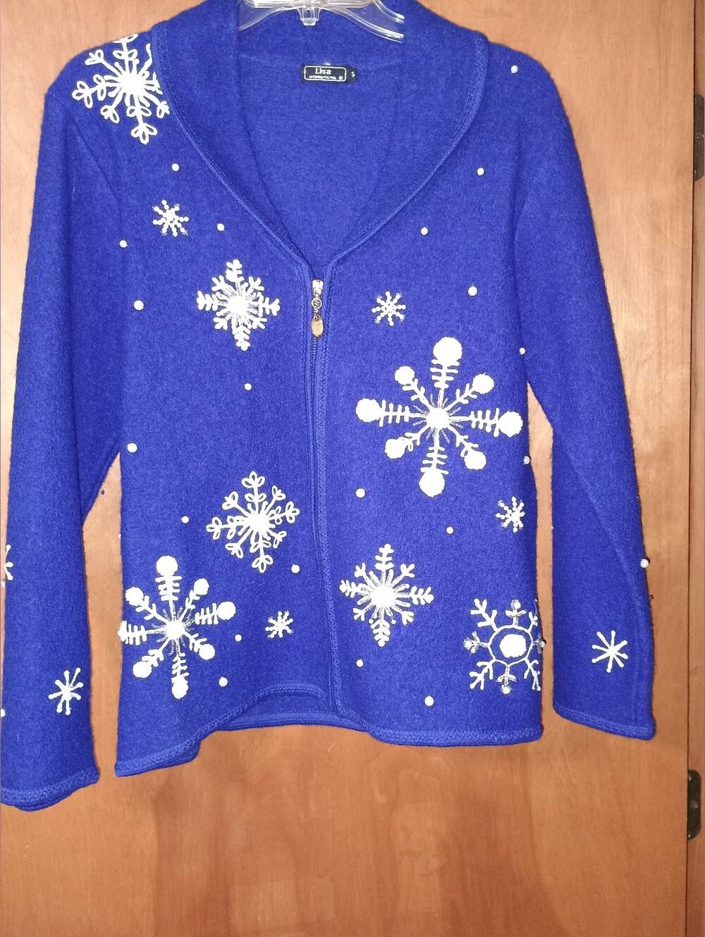 Lisa International Boiled Wool Blue & White Snowflake Sweater Cardigan Small